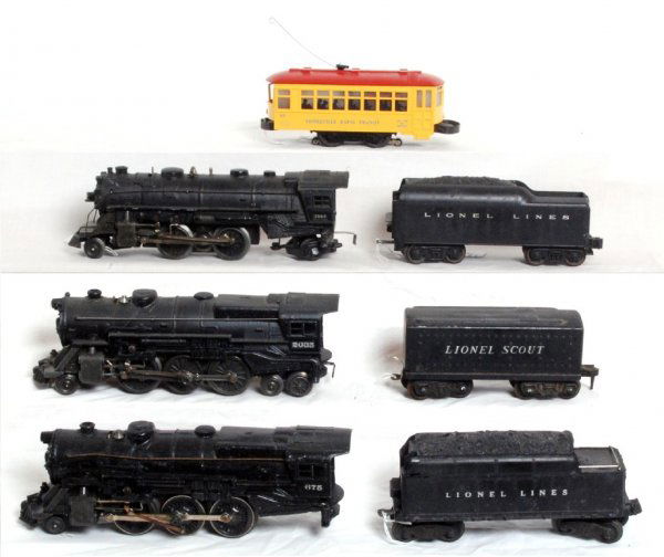 Lionel 1664, 2035, 675, 2466WX, 60, more: Lionel postwar O gauge 1664 steam loco, 2035 steam loco, 675 steam loco, Scout tinplate tender, unnumbered Lionel Lines tender, 2466WX tender with whistle and No. 60 trolley blue letters and two piece