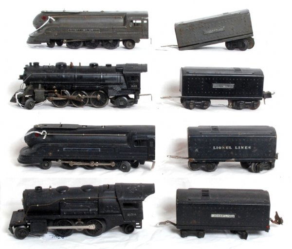 Lionel 1668, 1668E, 258, 1666 locos, four tenders: Lionel 1668, 1668E, 258, 1666 prewar O gauge steam locos, two 1689T tenders, 2689TX tender and 2689W tender. Please view the photographs for the best description and as to the condition and diversity