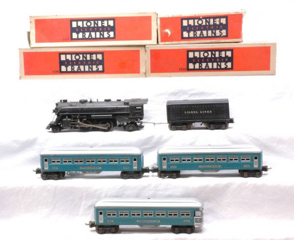 Lionel Blue Set 1088W 1664 1689WX 1630 1630 1631: Lionel prewar O gauge blue passenger set no. 1088W, circa 1941 containing; 1664 black 2-4-2 steam loco, 1689WX tender, two 1630 Pullmans and 1631 observation. All components are in OBs, except for the