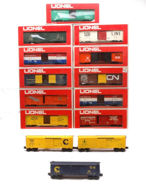 Lionel 9700 9702 9708 9712 9716-9719 9723 OBs: Lionel freight cars including; 9700 Southern, 9702 Soo Line, two 9708 U.S. Mail, 9712 Baltimore & Ohio automobile, 9716 Penn Central, 9717 Union Pacific, 9718 Canadian National, 9719 New Haven, 9723 W