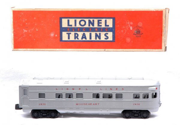 Lionel 2436 Silver Mooseheart w/Red Letters LN OB: Lionel postwar 2436 Silver Mooseheart observation car with red letters in OB. Car has light run time, C8. The OB has all flaps attached with some tape repair.