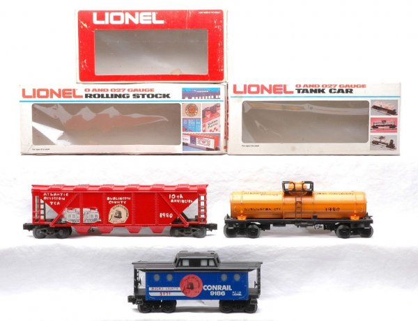 Lionel MockUps 1980 Tank 1980 Hopper 1979 Caboose: Lionel TCA mock up prototype Atlantic Division freight cars; 1980 10th Anniversary Burlington Count orange and yellow tank car, 1980 10th Anniversary Burlington County gray and red covered quad hopper