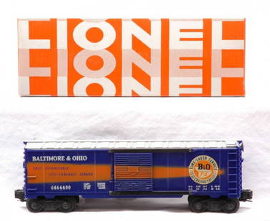 Lionel 6464-400 B & O Type IV Boxcar MINT OB: Lionel postwar 6464-400 Baltimore & Ohio type IV boxcar with light blue body and doors and dull orange stripe in OB. The silver roof is bright and clean with some minor box rubs. The car has never