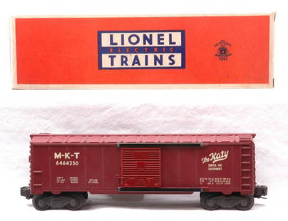 Lionel 6464-350 MKT. Type II Boxcar LN OB: Lionel postwar 6464-350 MKT. Katy type II boxcar in OB. The car is C8. The OB has all flaps attached.