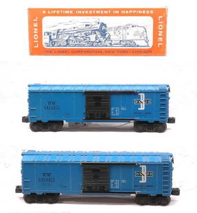 Lionel two 6464-375 B & M Boxcars MINT OB: Lionel postwar 6464-475 Boston & Maine type IV boxcar with a gray body mold painted blue and with no built date in OB. The car has never been run, C9. The OB has all flaps attached and is square. 