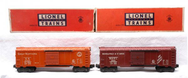 Lionel 6464-25 GN 6464-50 M&StL Boxcars MINT OBs: Lionel postwar 6464-25 Great Northern type I boxcar in worn OB. Also included is a 6464-50 Minneapolis & St. Louis type I boxcar in OB. Both cars have never been run, C9. The 6464-50 has all flaps