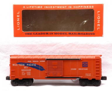 Lionel 6464-250 Western Pacific Boxcar MINT OB: Lionel postwar 6464-250 Western Pacific type IV boxcar with orange body mold in OB. The car has never been run, C9. The cellophane front on the OB is fully intact, but does have one small hole. 