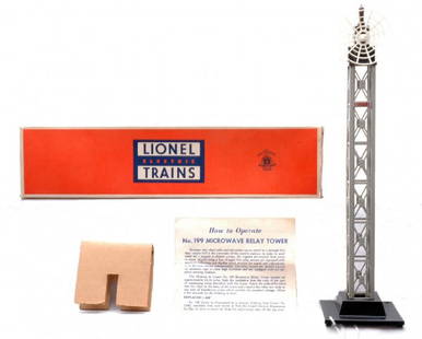 Lionel 199 Microwave Relay Tower MINT Boxed: Lionel postwar 199 microwave relay tower in OB with original cardboard insert and instruction sheet. The tower is C9. The OB is bright and clean and has all flaps attached.