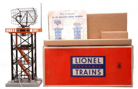 Lionel 197 Rotating Radar Antenna LN Boxed: Lionel postwar 197 rotating radar antenna in OB with original cardboard insert and instruction sheet. The antenna is C8. The OB has all flaps attached, however there is tape repair on one side.