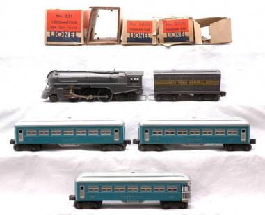 Lionel Blue Pass Set 1400W 221 221W 2430 2431: Lionel postwar blue passenger set no. 1400W, circa 1946 including; 221 gray 2-6-4 steam loco with original cardboard insert, 221W gray New York Central tender, two 2430 Pullmans and 2431