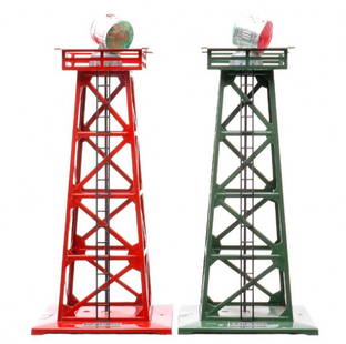 Lionel 394 Dark Green 394 Red Beacons LN: Lionel postwar two 394 beacons, one dark green and one red. The red beacon is C7-8. The dark green beacon is C8.