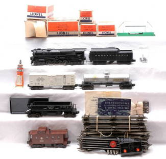 Lionel Freight Set 2173WS 681 2761W 3472 6555: Lionel postwar freight set no. 2173WS, circa 1950 in individual worn OBs including; 681 steam 6-8-6 turbine loco, 2671W Pennsylvania tender, 3472 operating milk car with platform and seven milk cans,