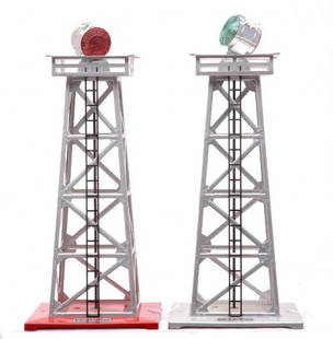 Lionel 394 Aluminum 394 Red w/Alum Beacons LN: Lionel postwar two 394 beacons, one aluminum and one with a harder to find red painted base and aluminum tower. Both towers are C7-8.