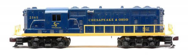 Lionel 2365 Chesapeake & Ohio GP-7 Diesel: Lionel postwar 2365 Chesapeake and Ohio GP-7 diesel with a frame that has been restored to look like new. The cab is C7.