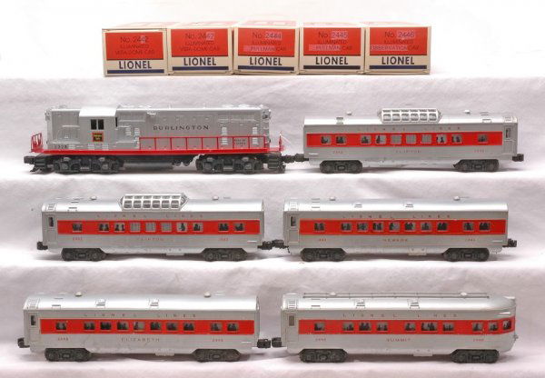 Lionel Burlington Pass Set 1562W 2328 2442 2445: Lionel postwar Burlington passenger set no. 1562W, circa 1956 containing; 2328 Burlington GP-7 diesel, 2444 Newark Pullman, two 2442 Clifton vista domes, 2446 Summit observation, 6019 remote control t