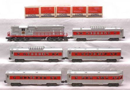 Lionel Burlington Pass Set 1562W 2328 2442 2445: Lionel postwar Burlington passenger set no. 1562W, circa 1956 containing; 2328 Burlington GP-7 diesel, 2444 Newark Pullman, two 2442 Clifton vista domes, 2446 Summit observation, 6019 remote control