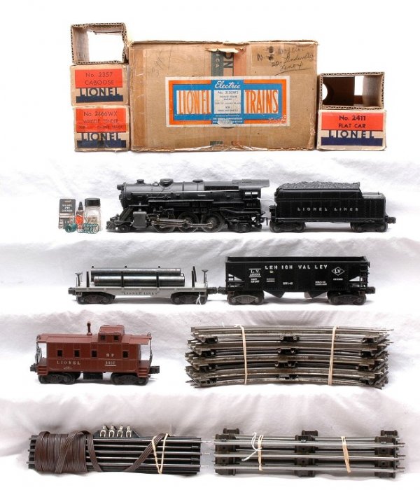 Lionel Set 2135WS 675 2466WX 2456 2411 2357: Lionel postwar freight set no. 2135WS, circa 1948 in set box containing; 675 black 2-6-2 steam loco, 2466WX tender in OB, 2456 black Lehigh Valley hopper, 2411 flatcar with three metal pipes in OB wit