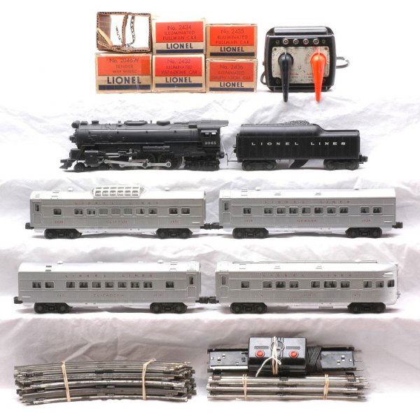 Lionel 1538WS 2065 2046W 2434 2435 2432 2436 LN: Lionel postwar silver passenger set no. 1538WS, circa 1955 containing; 2065 black 4-6-4 steam loco, 2046W tender with original cardboard insert, 2434 Newark Pullman, 2435 Elizabeth Pullman, 2432 Clift