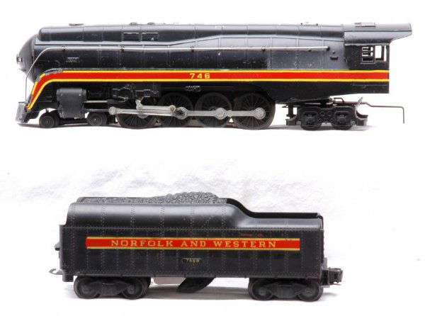 Lionel 746 N & W Loco w/746W Short Stripe Tender: Lionel postwar 746 Norfolk and Western Class J 4-8-4 steam loco and a 746W tender with a short stripe. The loco is C6-7 and the tender is C6.