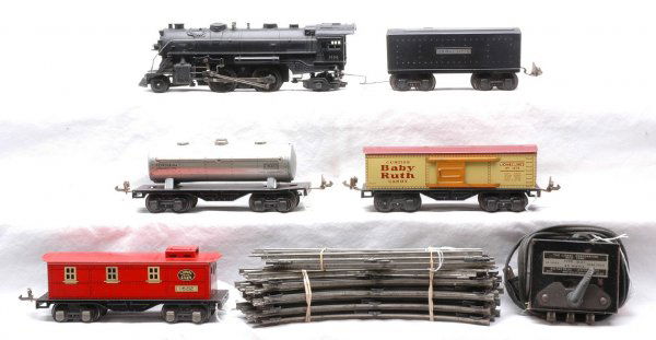 Lionel Litho Set 1087 1664 1689T 1679 1680 1682: Lionel prewar O gauge lithographed freight set no. 1087, circa 1940 containing; 1664 black 2-4-2 steam loco, 1689T tender, 1679 Baby Ruth boxcar, scarce 1680 tank car lithographed with Petroleum Produ