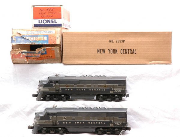 Lionel 2333 NYC F3 AA Diesels OBs Master Carton: Lionel postwar 2333 NYC F3 AA diesels, circa 1949 in OBs with master carton. This is the version with the heat stamped lettering and black and white GM decal on door panel. Diesels are C7-8. The power