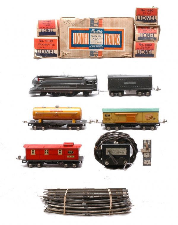 Lionel Litho Set 6401 1688E 1689T 1679 1680 1682: Lionel prewar O gauge lithographed freight set no. 6401, circa 1939 in individual OBs and set box containing; 1688E gun-metal 2-4-2 steam loco, 1689T tender, 1679 Baby Ruth boxcar, 1680 orange Shell t