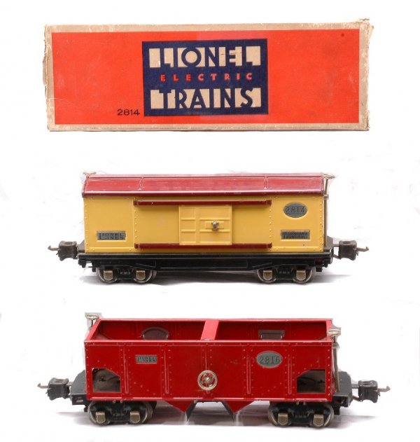 Lionel 2816 Red Hopper 2814 Cream Boxcar OB: Lionel prewar O gauge 2816 red hopper with nickel trim, plates and journals. Also included is a 2814 cream boxcar with a maroon roof, nickel trim, plates and journals in OB that is missing most flaps.