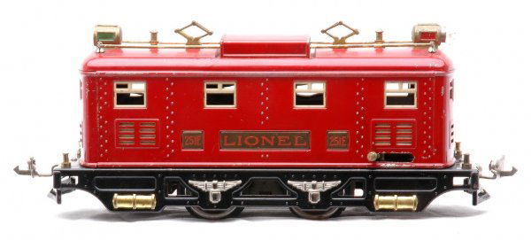 Lionel 251E Red Electric Loco w/Ivory Inserts: Lionel prewar O gauge 251E red 0-4-0 electric loco with ivory window inserts. The loco is C6.