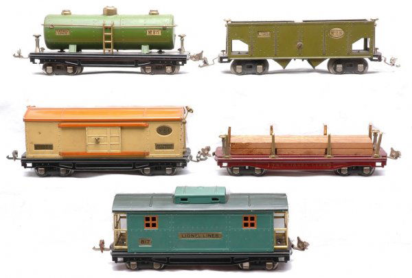 Lionel Cars 811 814 815 816 817 w/Nickel Journals: Lionel prewar O gauge freight cars including; 811 maroon flatcar with wooden lumber load, 814 cream boxcar with orange roof, 815 pea green tank, 816 olive green hopper and 817 peacock caboose with dar