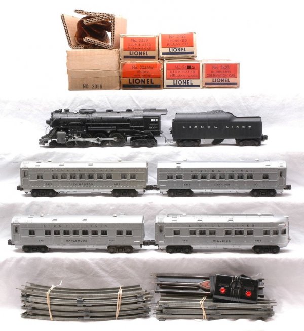 Lionel 1484WS 2056 2046W 2421 2422 2429 2423 LN: Lionel postwar passenger set no. 1484WS, circa 1952 in OBs containing; 2056 black 4-6-4 steam loco with original cardboard insert and wrap, 2046W tender, 2421 Maplewood Pullman in a reproduction OB, 2
