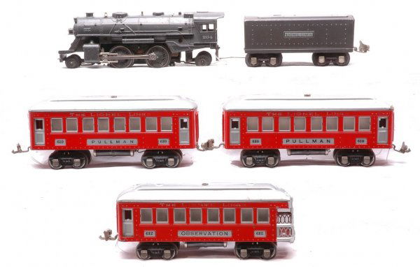 Lionel Red Set no. 8134 204 1689T 610 610 612: Lionel prewar O gauge red passenger set no. 8134, circa 1941-42 containing; 204 gun-metal 2-4-2 steam loco, 1689T tender, two 610 Pullmans and 612 observation. The passenger cars have silver roofs and