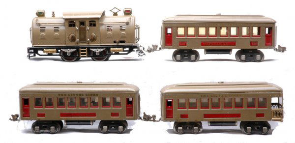 Lionel Mojave Pass Set 266 254 610 610 612: Lionel prewar O gauge Mojave passenger set no. 266, circa 1927-28 containing; 254 electric 0-4-0 loco in worn OB, two 610 Pullmans and 612 observation. The passenger cars have red inserts and nickel j