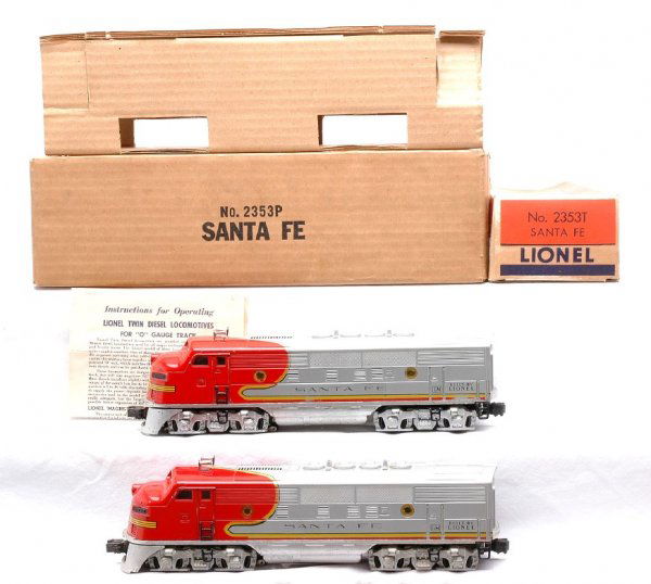 Lionel 2353 Santa Fe F3 AA Diesel Units OBs: Lionel postwar 2353 Santa Fe F3 AA diesel units in OBs with instruction sheet. The power unit has an original cardboard insert. The diesels are C7. The OBs have all flaps attached and the 2353T OB is