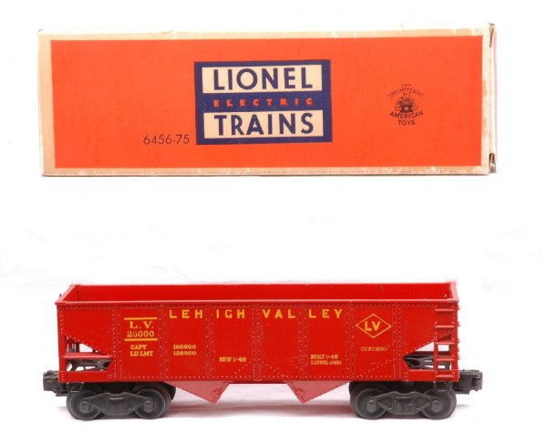 Lionel 6456-75 Glossy Red LV Hopper LIKE NEW OB: Lionel postwar 6456-75 glossy red Lehigh Valley hopper with yellow lettering in OB. The yellow lettering is strong. The red paint is bright and clean, however does have a few minor nicks, C7-8. The OB
