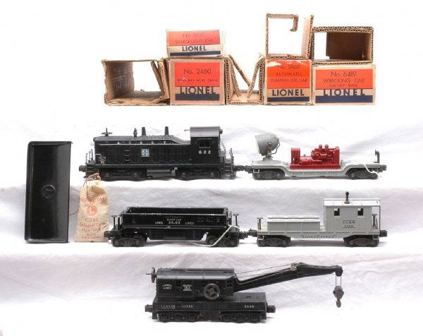 Lionel Set 2149B 622 2460 3469 6520 6419 OBs: Lionel postwar freight set no. 2149B, circa 1949 in individual OBs containing; 622 A.T.& S.F NW2 switcher, 2460 Bucyrus Erie crane, 3469 automatic dump car with 207 bag of artificial coal and 160 bin,