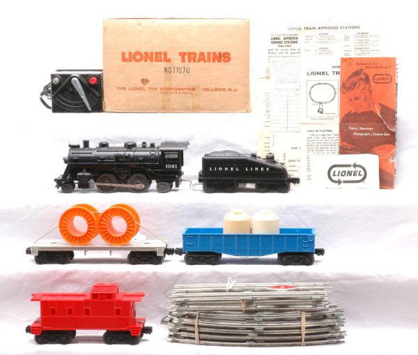 Lionel Uncatalogued Promo Freight Set 11570 OB: Lionel postwar uncatalogued promotional freight set no. 11570, circa 1966-67 in set box containing; 1061 black 2-4-2 steam loco, 1062T slope back tender, 6042-250 blue gondola with two white canisters