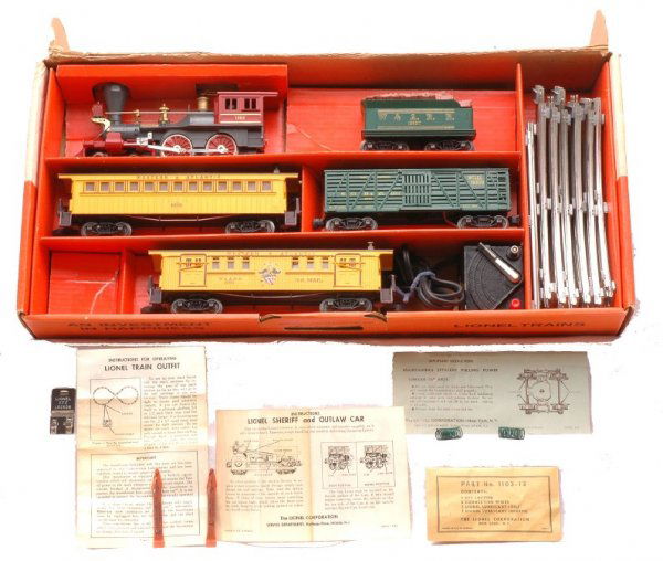 Lionel General Frontier Special Set 1644 LN OB: Lionel postwar The General Frontier Special passenger set no. 1644, circa 1961 in orange set box with original cardboard inserts including; 1862 General 4-4-0 steam loco, 1862T tender, 3370 sheriff an