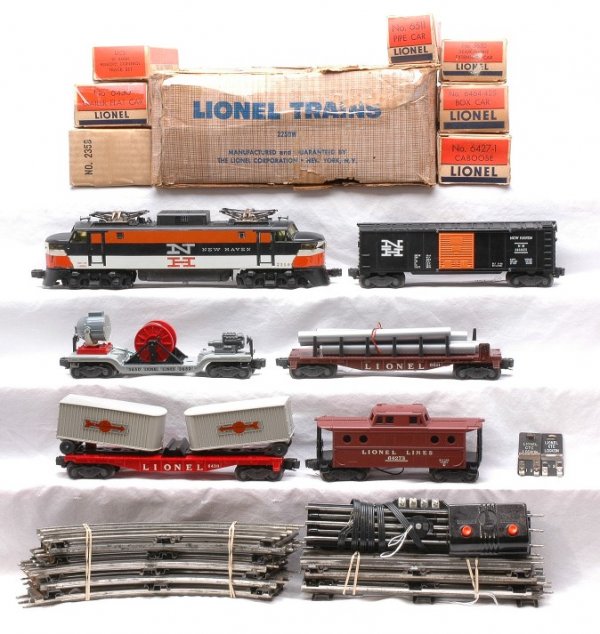 Lionel New Haven Freight Set 2259W Boxed: Lionel postwar New Haven freight set no. 2259W, circa 1956 in individual OBs and set box containing; 2350 New Haven EP-5 loco, 6464-425 New Haven type II boxcar, 6430 flatcar with two Cooper Jarrett v