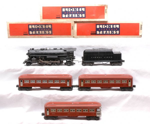 Lionel Brown Set 2100W 224 2466W 2442 2442 2443: Lionel postwar brown passenger set no. 2100W, circa 1946 containing; 224 black 2-6-2 steam loco, 2466W tender, two 2442 Pullmans and a 2443 observation. The passenger cars have gray inserts and silver