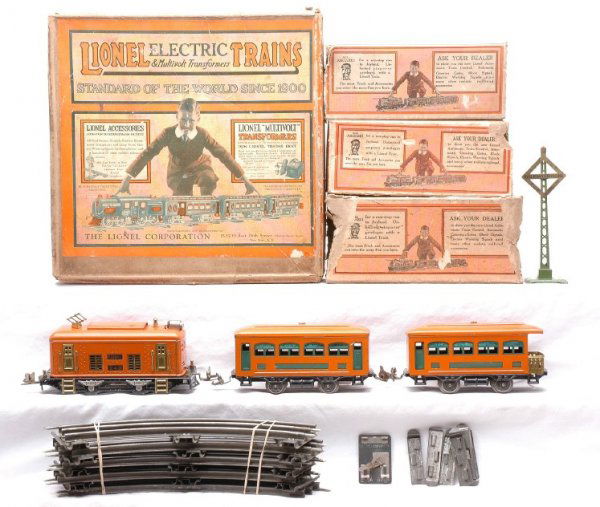 Lionel Orange Pass Set 292 248 629 630 068 OBs: Lionel prewar O gauge orange passenger set no. 292, circa 1927 in individual OBs and set box containing; 248 electric 0-4-0 loco, 629 Pullman, 630 observation, 068 warning signal, lock on, connecting