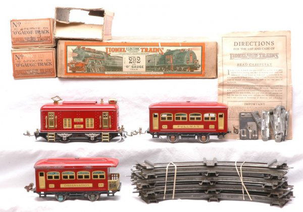 Lionel Red Pass Set no. 292 248 629 630 Boxed: Lionel prewar O gauge red passenger set no. 292, circa 1931 in individual OBs and set box containing; 248 electric 0-4-0 loco, 629 Pullman, 630 observation, connecting ties, lock on, instruction sheet