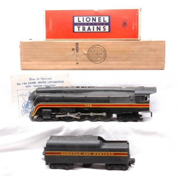 Lionel 746 N&W Loco 746W Long Stripe Tender OBs: Lionel postwar 746 Norfolk & Western 4-8-4 steam loco and 746W long striped Norfolk & Western whistle tender in OBs with instruction sheet. The loco is C7. The tender is C7-8. The loco OB is sealed on