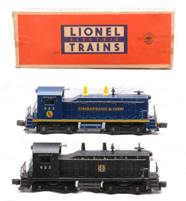Lionel 623 AT&SF & 624 C&O w/OB NW2 Switchers: Lionel postwar 623 A.T. & S.F. NW2 black switcher and a 624 NW2 Chesapeake & Ohio switcher in OB. The switchers are C6. The OB has all flaps attached and has tape repair.