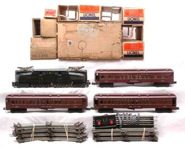 Lionel Pass Set no. 2144W 2332 2625 2627 2628: Lionel postwar passenger set no. 2144W, circa 1948-49 in individual OBs with original cardboard inserts and set box containing; 2332 dark green Pennsylvania five-stripe GG-1, 2625 Irvington Pullman, 2