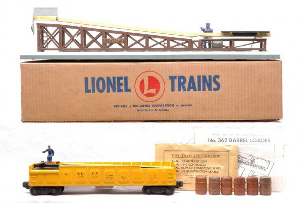 Lionel 362 Barrel Loader OB 3562-50 Barrel Car: Lionel postwar 362 barrel loader with six wooden barrels, packet and instruction sheet in OB. The barrel loader is C7. Also included is a 3562-50 A.T. & S.F. barrel car that has been painted yellow, C