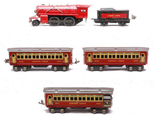 Lionel Jr. Set 1064 1681E 1661T 1690 1690 1691: Lionel Jr. lithograph set no. 1064 passenger set, circa 1935 containing; 1681E loco which is all red with nickel trim, 1661T tender, two 1690 Pullmans and 1691 observation. Loco is C6 and the rest of