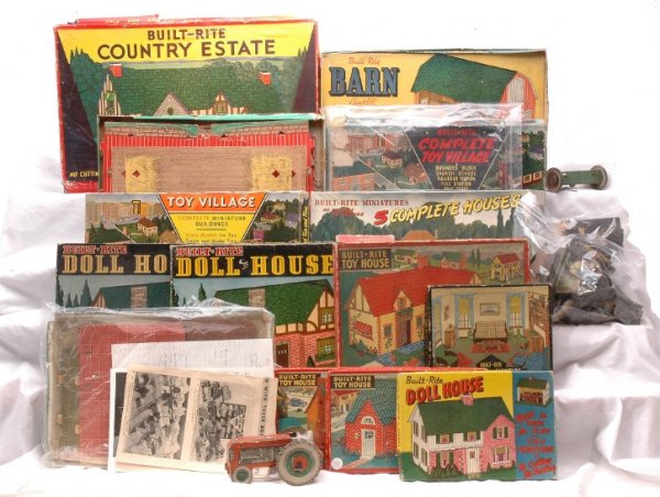 Built-Rite Cardboard House and Barn Sets OBs: Built-Rite cardboard doll houses and house including; no. 8 toy house, no. 9 toy house, no. 10 doll house, no. 33 toy house, no. 35 modern house, two no. 36 doll houses, no. 45 living room furniture, 