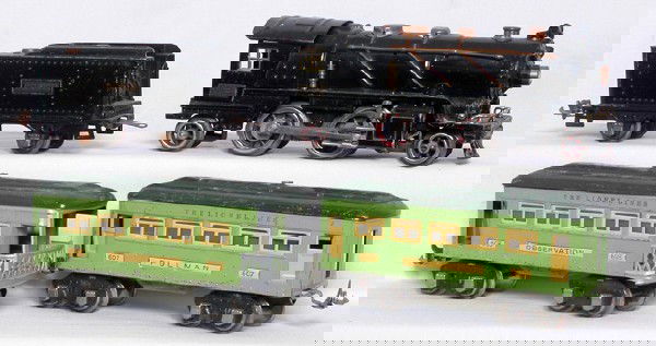 Lionel 261 loco, 257T tender, apple green 607 608: Lionel 261 loco, 257T tender, apple green 607 and 608, original C2-3. A few trim pieces are missing.