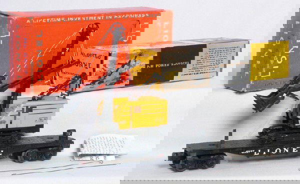 Unrun 6827 flat with dark yellow P&H crane, OB: Lionel 6827 flat with unrun flat, C9-10. P&H shovel is the darker yellow variation with the 6827-100 crane box that is C7-8. Includes the instruction sheet. Outer box has some tape on it but is comple
