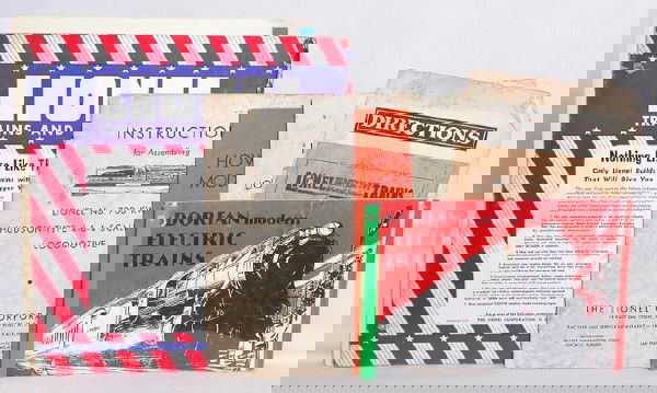 Lionel prewar misc paper, Dorfan catalog: Lionel prewar misc paper lot including a worn 700K instruction booklet, How to Build a Railroad booklet, Junior set inst. sheet, early Lionel inst. booklet, 3 in One Oil/Lionel foldout, worn 1922 and